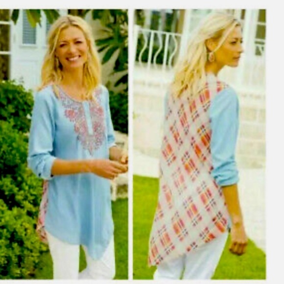 SOFT SURROUNDINGS Embroidered Floral Plaid Chambray Work of Heart Tunic - Medium - Picture 1 of 4